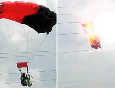 Γυναίκα αλεξιπτωτιστής πέφτει πάνω σε ηλεκτροφόρα καλώδια (βίντεο)